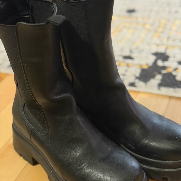Black Women's Chunky Platform Boots - Leather Knee-High - Picture 3 of 5